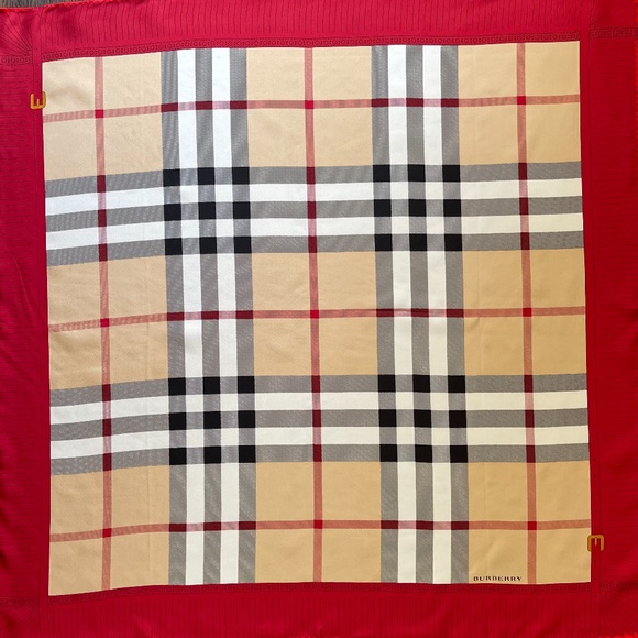 Display # 1 Burberry Scarf Iconic Beige Check Red Border Silk Wrap - Picture 8 of 14